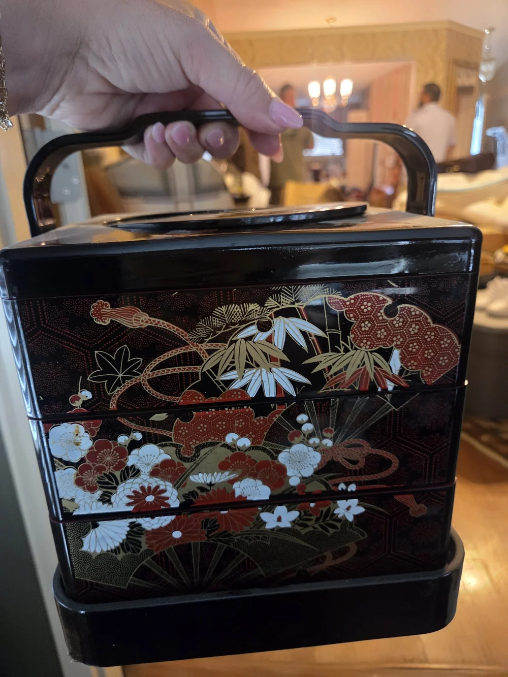 Vintage Black and Red Floral Lacquered Bento Tote